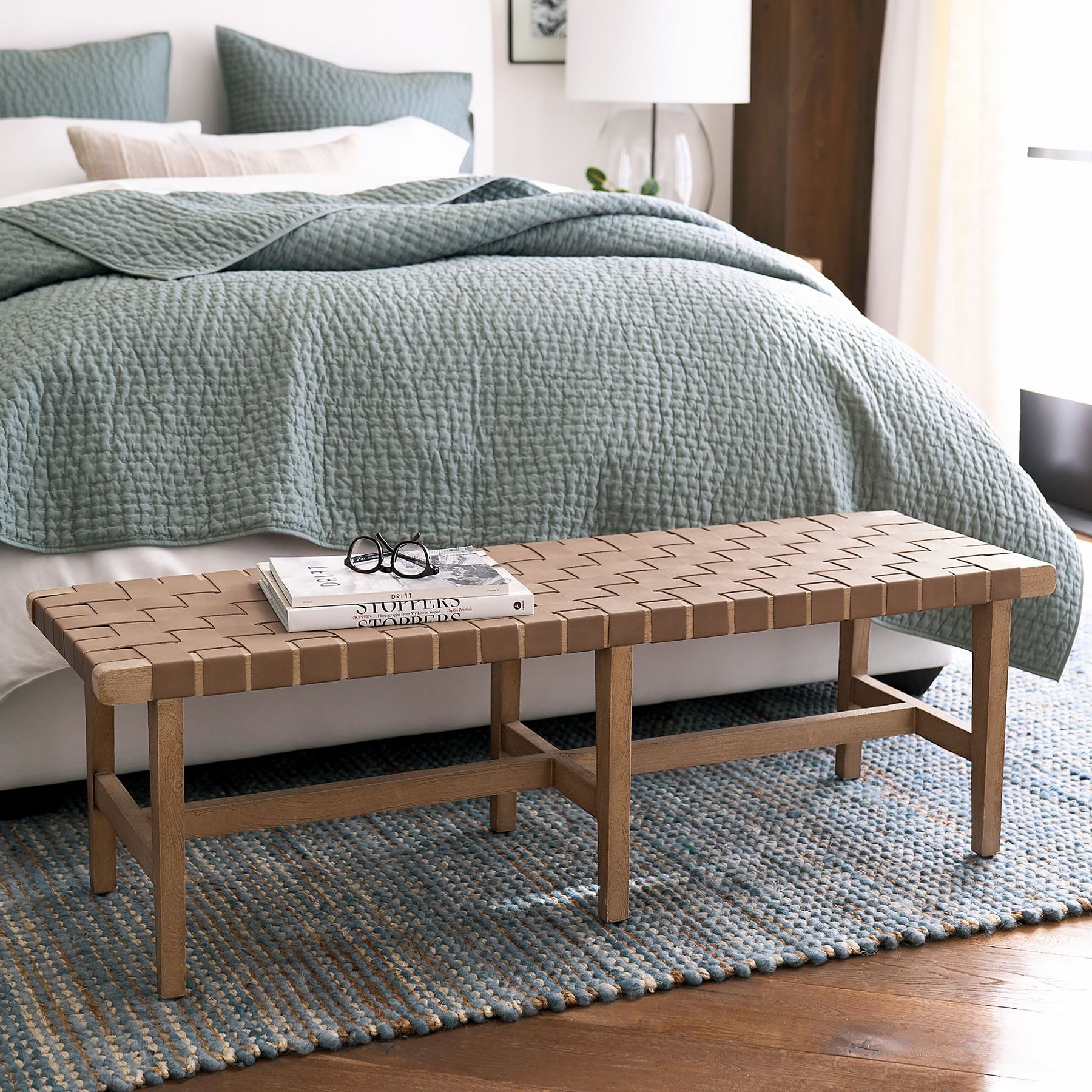 Fento Woven PU Leather Straps Wooden Bench