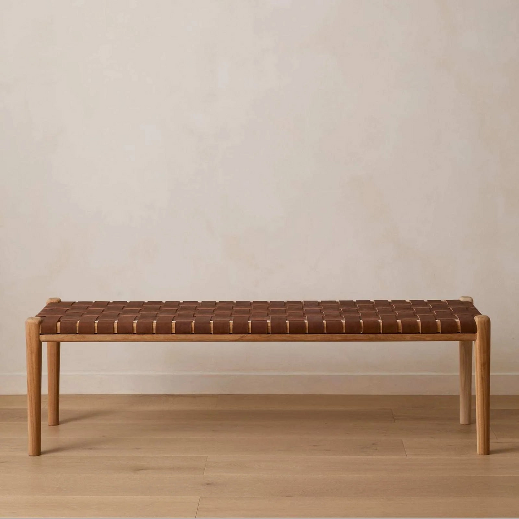 Karla Wooden PU Leather Strap Woven Bench