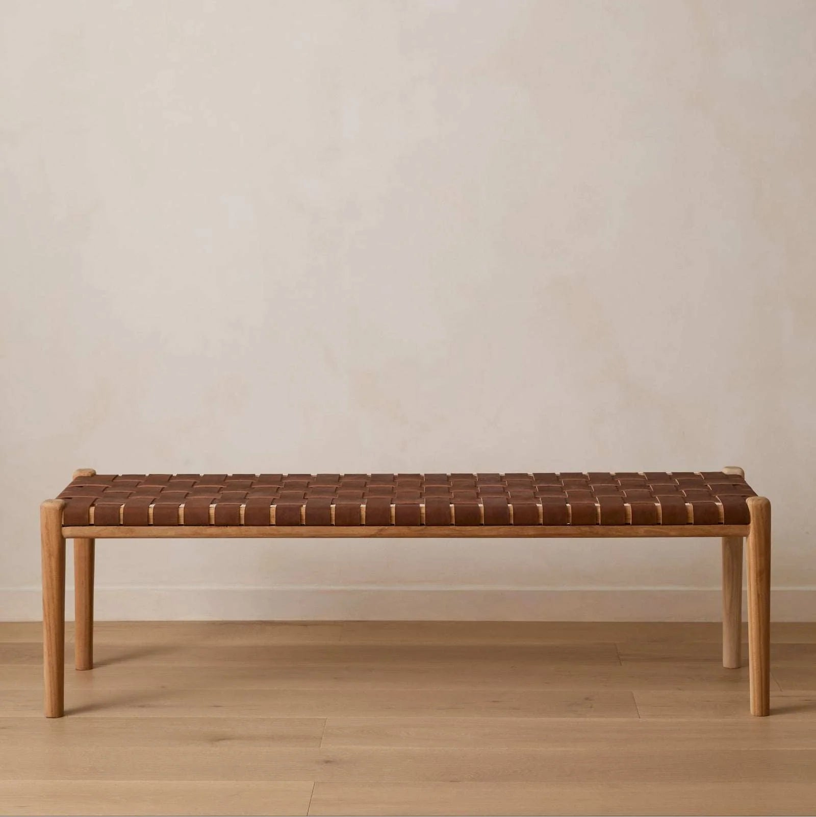 Karla Wooden PU Leather Strap Woven Bench