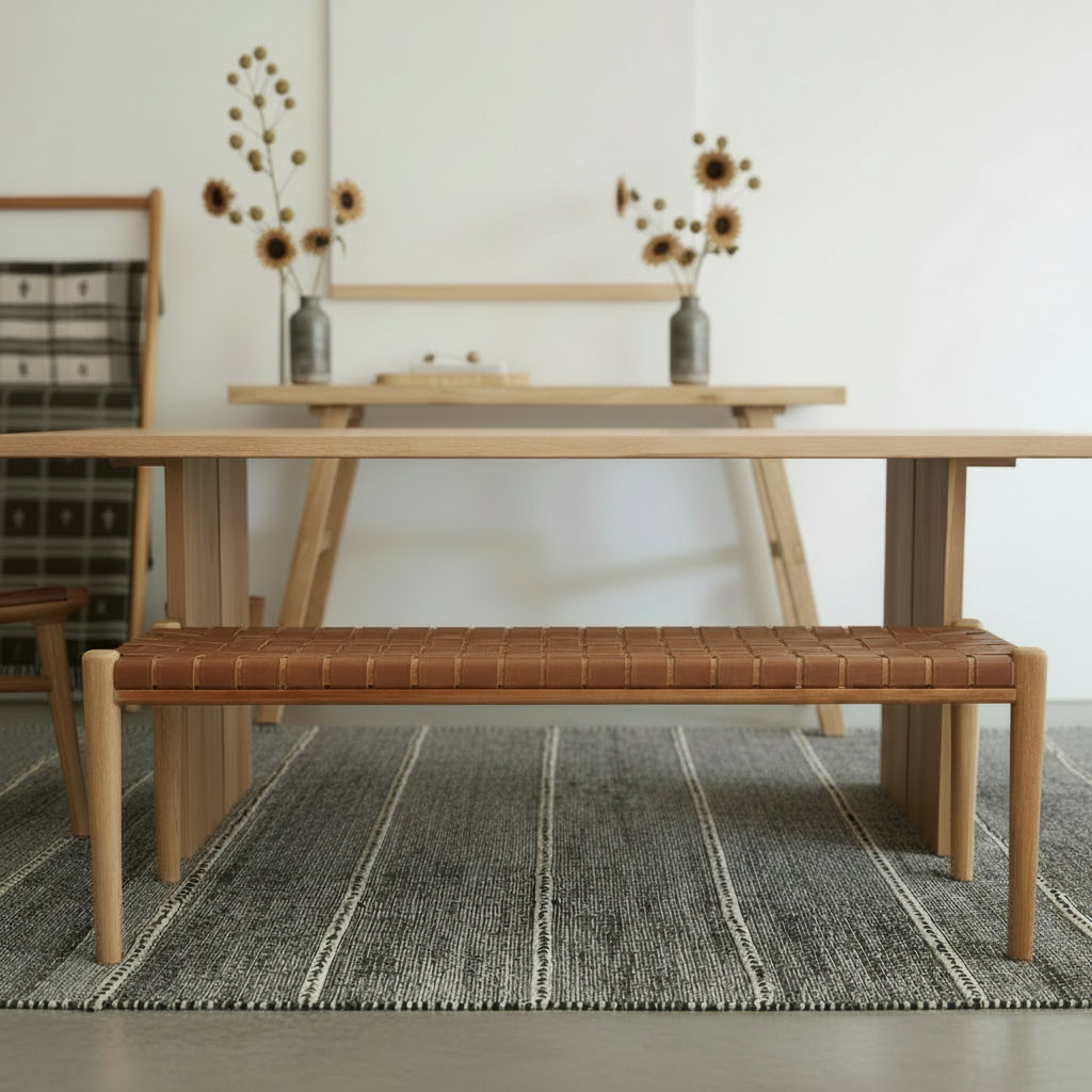 Karla Wooden PU Leather Strap Woven Bench