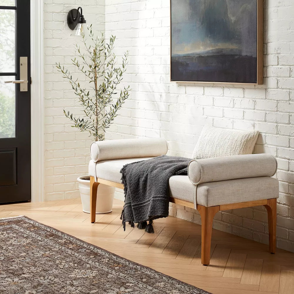 Reef Upholstered Wooden Bench with Bolster Pillows