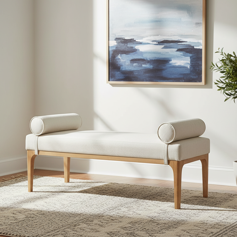 Reef Upholstered Wooden Bench with Bolster Pillows